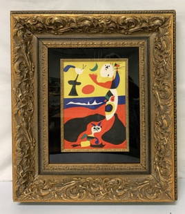 L'Ete by Joan Miro: hand painted pochoir on thick wove paper, signed by the artist on the stencil, comes with a non guaranteed COA from Global Fine Art, 26" X 30", some chips on corner of frame