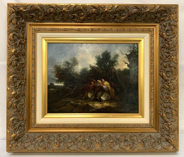The Resting Travelers by Thomas Barker of Bath: oil painting on canvas, c1800, comes with a non guaranteed COA from Global Fine Art, 29" X 33" some rough spots on corner of frame, frame is very heavy