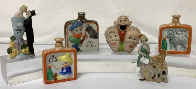 lot of 6 Alcohol Decanters & Hat Pin Holder: all are ceramic, most marked made in Japan, all with light wear