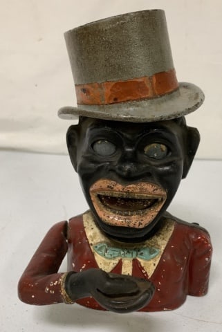 Cast Iron Black Americana Bank: lots of paint wear, no names or markings, hand moves back and forth, eyes may be repainted
