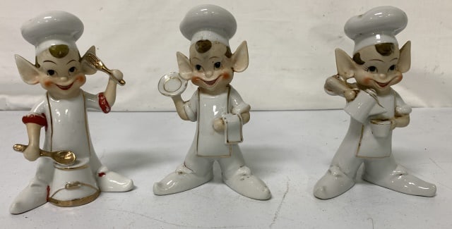 lot of 3 Ceramic Pixie Chefs/Bakers: no names or markings, some paint wear