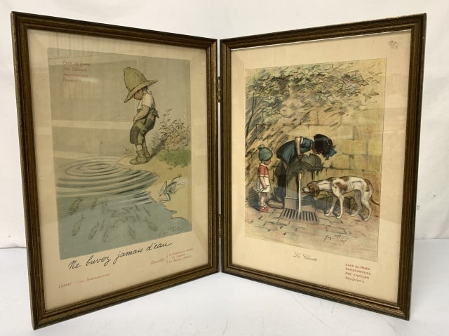 2 framed 1924 Café de Paris Menus w/Redon art: vintage menus almost 100 yrs old. Georges Redon art is on one side & the menu is on the other, frames are hinged with glass covers, 19" X 27"