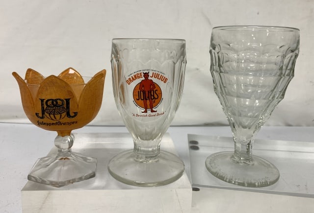 (3)Orange Julius, Harrison's Parfait Glasses: Julepped Oranges, some names etched, some stenciled, some litho, light wear