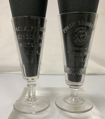 (2)Schmidt's, Sachs Prudens Ginger Ale Glasses: both are raised lettering, light wear