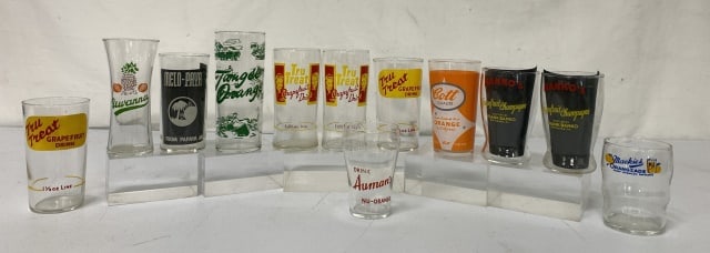 (12)Banko's Mackies Uwanna Drinking Glasses: Tru Treat, Cott, Tangee Orange, Melo-Paya, Auman's, light use, good condition
