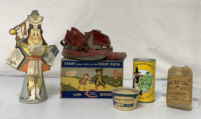 (5)Advertising Items Little Lulu, Diary Queen: Old Hill Tobacco sack,Culver Correct Shoes box w/ boots inside, HillBilly Joose can, all with wear and use and aging