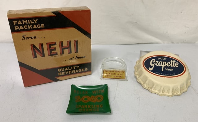 (4)Advertising Items Grapette, Nehi, Solo others: Golden Goblet Ginger Ale, crack in the Grapette bottle cap, all have wear and age