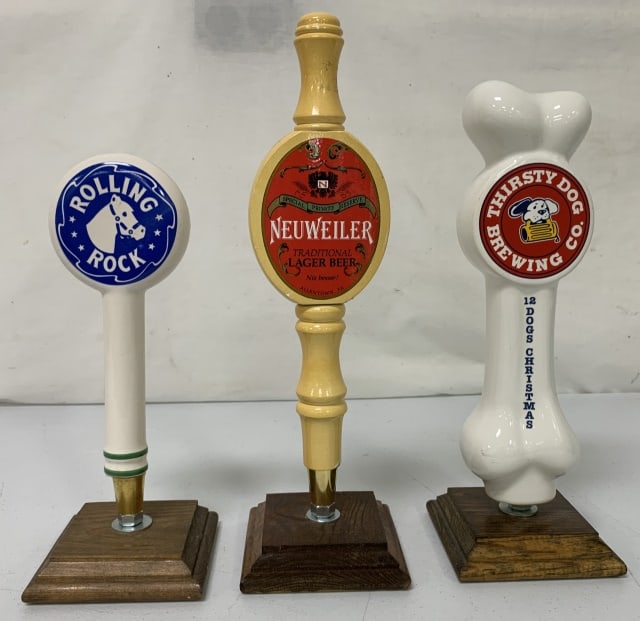 (3)Rolling Rock, Thirsty Dog, Neuweiler Handles: Neuweiler has the yellow coloring chipped away at a number of spots