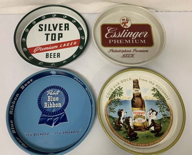 (4)Pabst, Silver Top, Esslinger Beer Trays: Stegmaier has scratches and chips on back side, Pabst has a couple of light scratches on back side