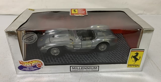 Hot Wheels Ferrari Millenium Series: 1/18 scale, box has some damage at bottom back corner, some creases on top corner of box