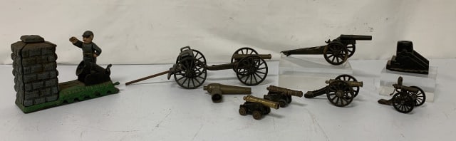 (9) Cast Cannons Bank, Pencil Sharpener: some stamped MF co, Petersburg, artillery bank, some with wear, others unmarked