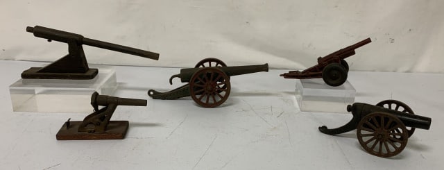 lot of 5 Cast Cannons, Guns Ranger JR. others: others unmarked, wear and age