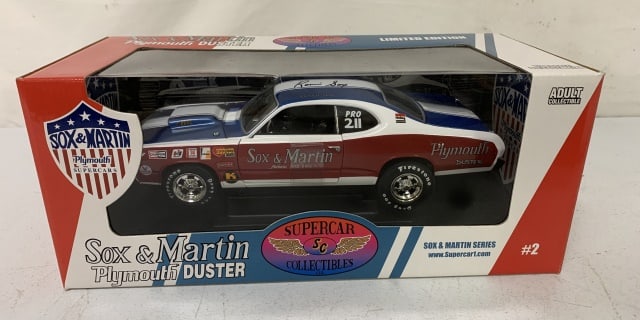 Ertl Sox & Martin 1970 Plymouth Duster: signed by Ronnie Sox; box has some wear