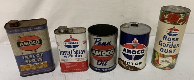 5 empty Amoco and Standard containers: all show wear with scratches, paint loss; dings and rust
