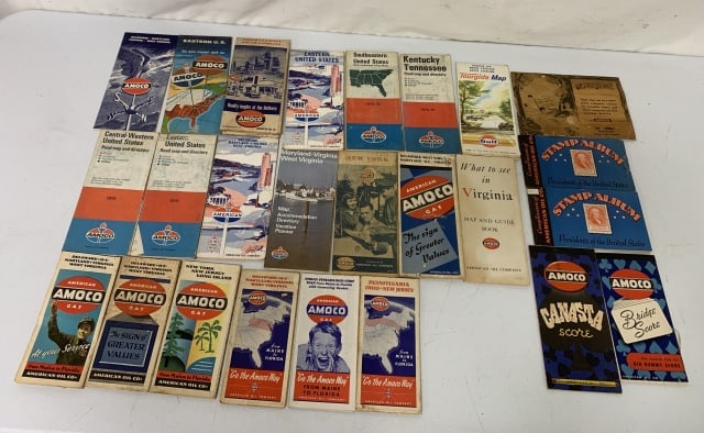 25 Amoco maps, stamp booksand score pads: wear and soiling to items