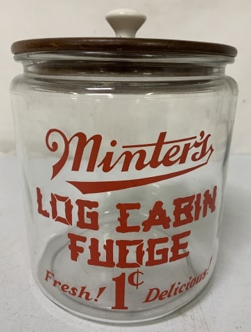 Minter's Log Cabin Fudge Glass Counter Top Jar: good condition, lip is kind of odd shaped