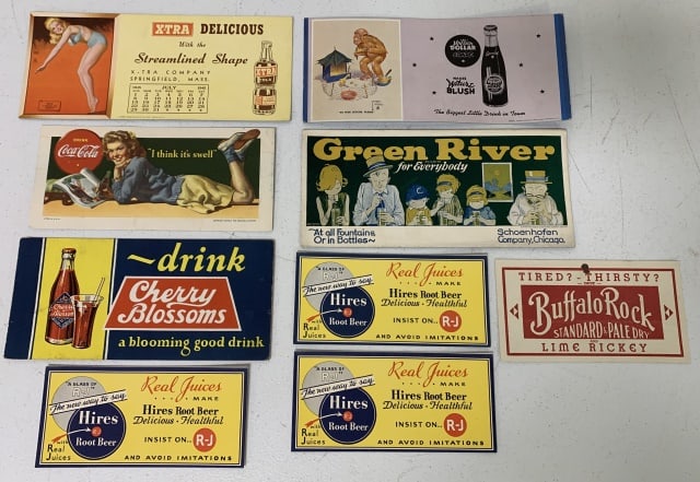 lot of 9 Coca Cola, Hires, Cardboard Ads others: Million Dollar Grape, Green River, X-Tra Cola, Cherry Blossoms, Buffalo Rock, most in good condition for their ages