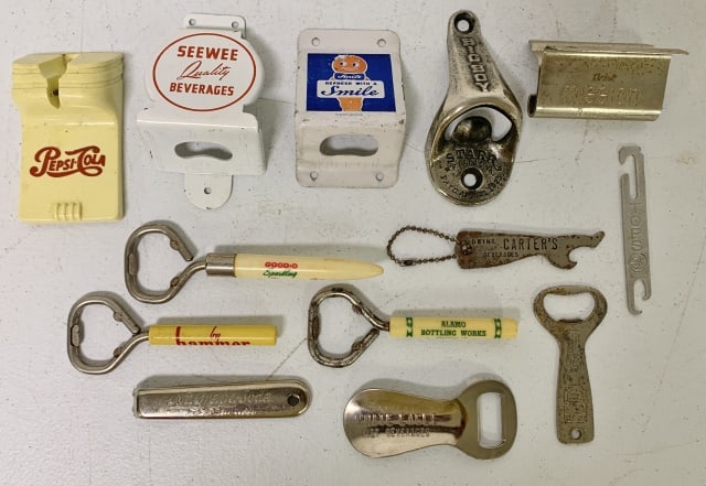 10+ Bottle Openers Pepsi, Big Boy, Tops, others: NuGrape, Carter's, Kola, Hippo, Hammer, Kist, Cal, Smile, Mission, SeeWee, some pitting, some tarnishing, some aging, some discoloring