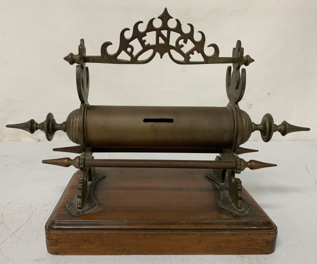 Pence Brass Coin Bank on Wooden Base (1 of 4)