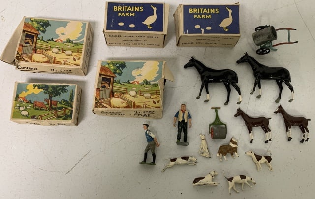 10+Britains Farm Model Home Farm Series Figures: metal feel, some with original boxes, all in very good condition, painted well, boxes have some wear