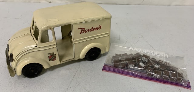 Kingsbury Toys Pressed Steel Bordens Milk Truck: comes with milk crates, decals have some wear, some small dents on side, light paint chips