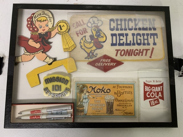 (6) Mission, Moko, Chicken Dellight Ads, others: all framed, Miss Dairylea, Big-Giant, Mug, good condition