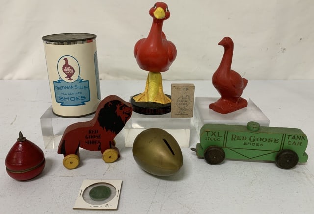 lot of 9 Red Goose Shoes Items: banks, pull toys, top, others, all with wear and age
