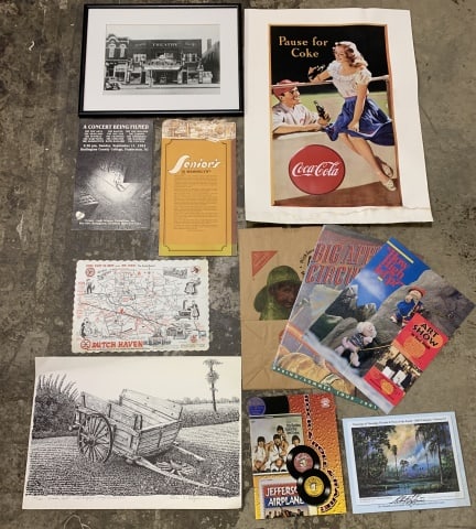 10+ Advertsiements Coca Cola, Nabisco others: Senior's menu, prints, calendars, others, Coke poster has stain along the bottom, some others show wear