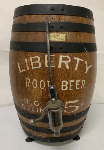 Liberty Root Beer Big Stein dispenser: has scratches and loss to finish and paint, no lid