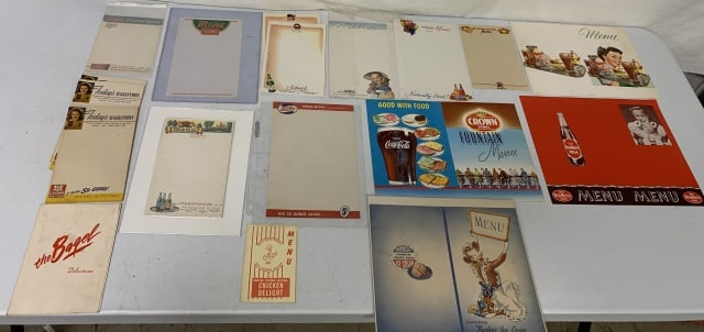 20+ menus or menu pages advertising sodas: Dr. Pepper, Pepsi, Mohawk, Nesbitt's, Silver King, etc.
