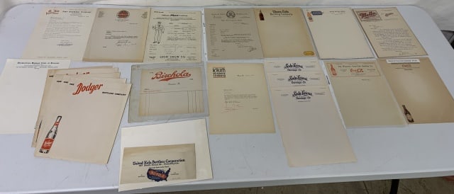 21 pieces soda letterheads etc.: Coke, Chero-Cola, Mission, Birchola, Sunshine, Dodger, etc.
