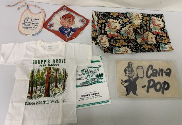 Can-a-pop felt, Tru-ade bib, NY club fabric piece,: child's Howdy handkerchief, Shupp's Grove Toddler's t-shirt