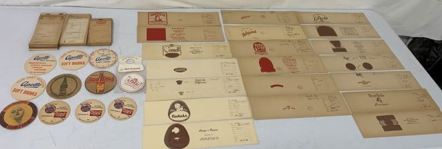 35 pieces soda coasters, sales pads, proofs: see photos for items and conditions