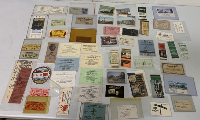 60+ pieces of ephemera: ticket stubs, matchbooks, stickers, business cards, etc ;NFL ticket is an advertising piece not an actual ticket