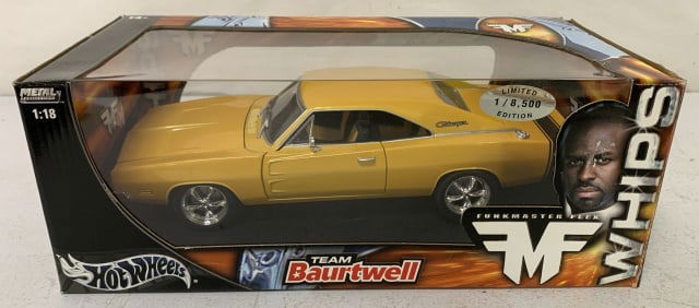 Hot Wheels Team Baurtwell Charger diecast car: box shows wear and has been opened; creases on end flap that has been opened