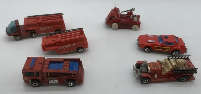 6 Fire related Hot Wheels, Matchbox + slot car: redlines etc.; see photos for details