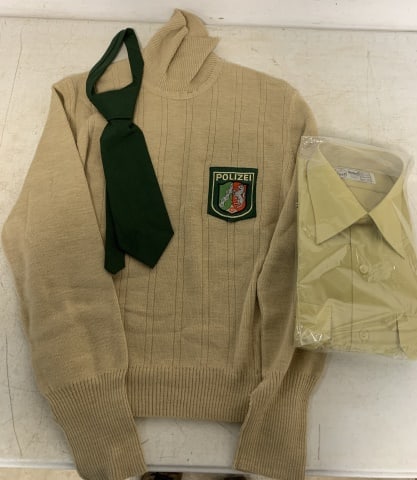 German Police sweater,shirt and tie: shirt is in package w/ one patch on sleeve