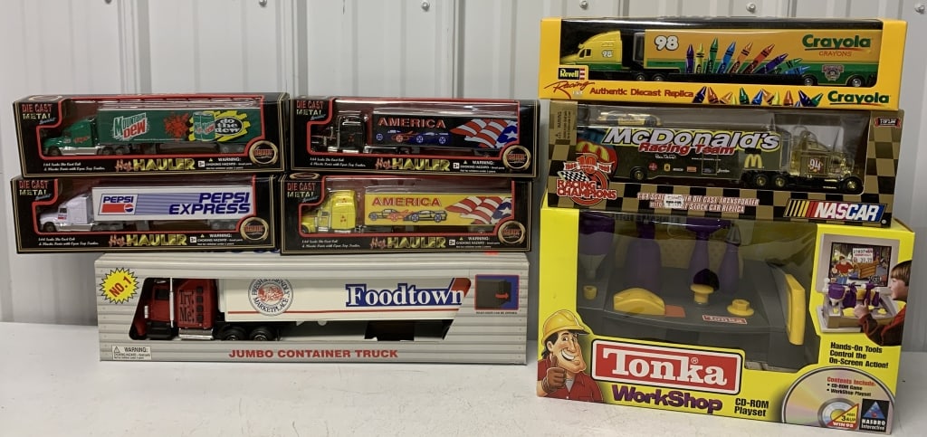 Diecast trucks and Tonka Workshop in boxes: trucks are Racing Champions, Revell, Golden Wheels, etc.; boxes have wear