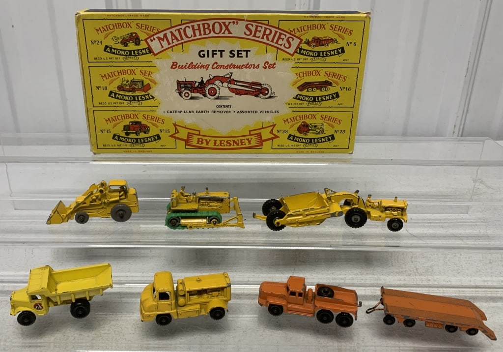 Matchbox Building Constructors box w/ cars: box has some wear; equipment pieces are chipped and well worn