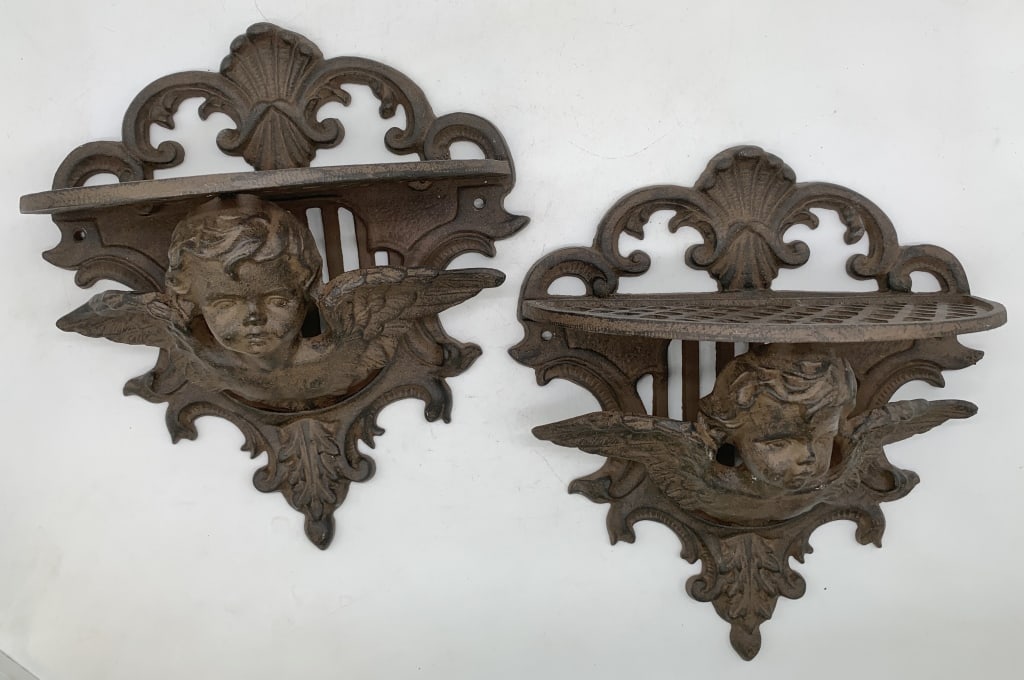 lot of 2 Cast Iron Winged Cherubs Wall Shelves (1 of 4)