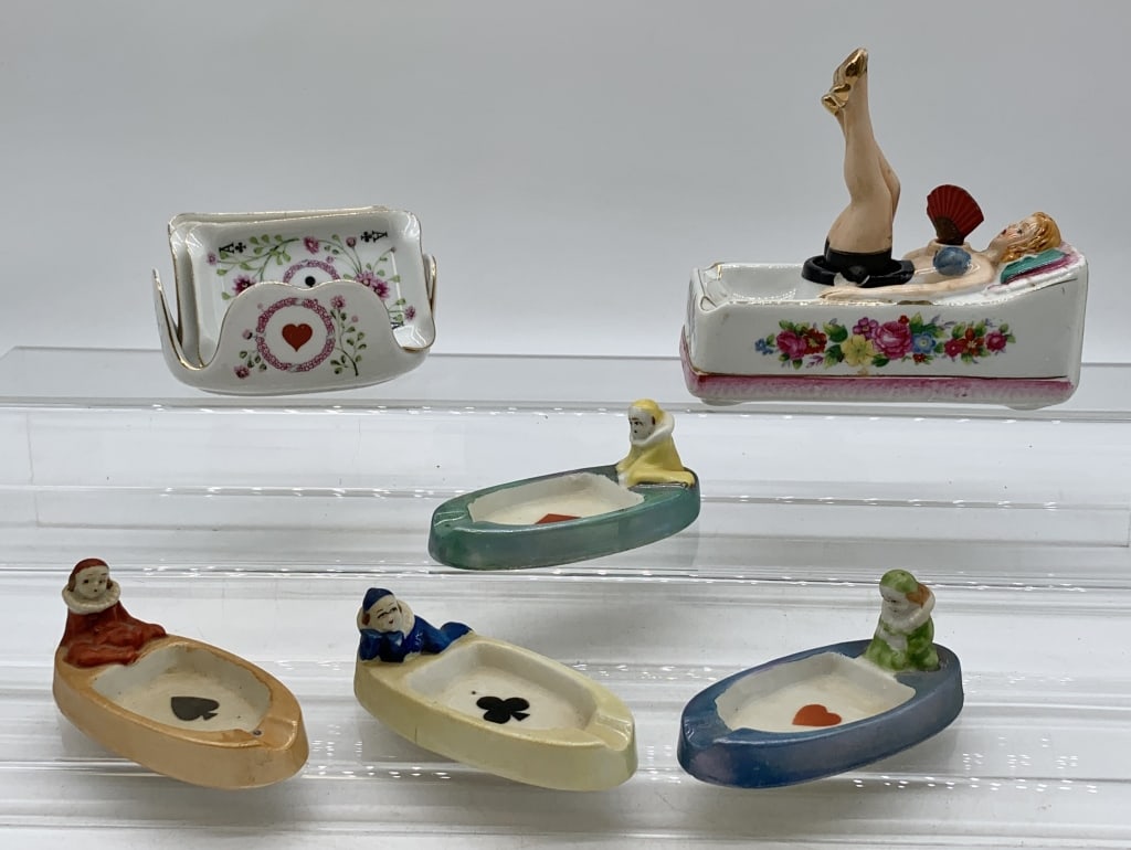 lot of 6 Art Deco Ceramic Ashtrays: some marked made in Japan, some unmarked, lady in tub has a piece chipped from her hip where her legs are placed, all have some light wear and age