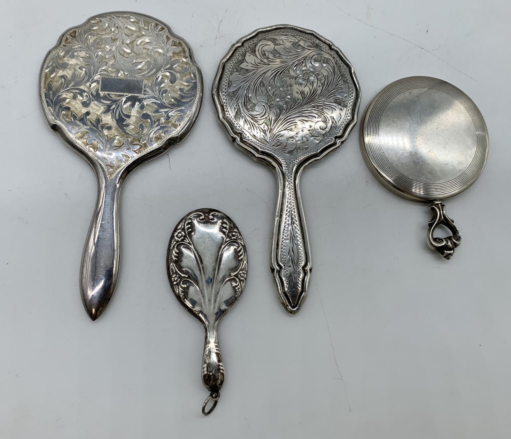 lot of 4 Sterling Silver Hand Mirrors: marked Sterling, 95C Silver, 890, and 925, light wear on all