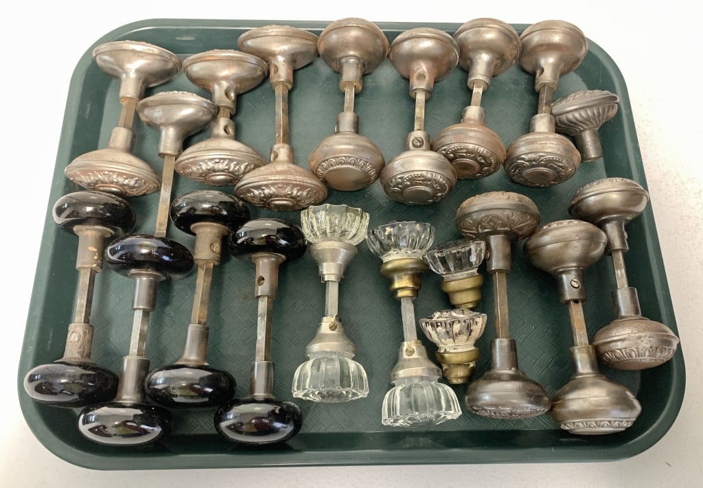 20 Doorknobs, Glass, Cast, Ceramic: all with some wear, some with rust, no names or markings