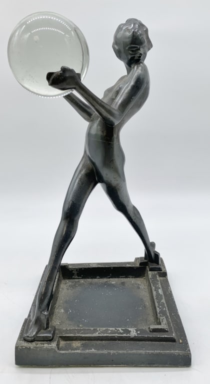 FrankArt Art Deco Nude Figure: has some weight, base has chipped paint throughout, base kind of does not lie flat