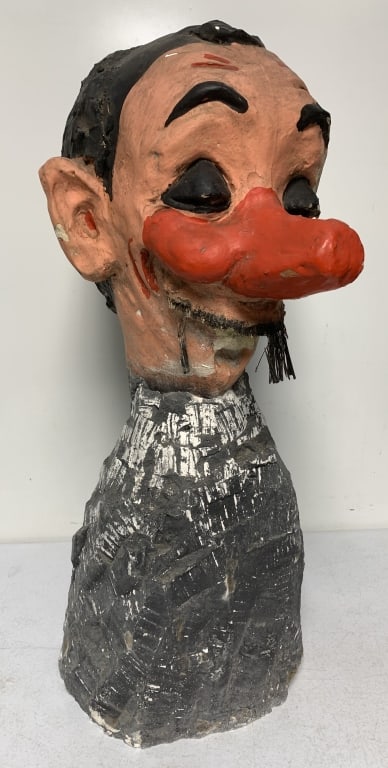Giant Plaster Puppet Looking Head: heavy for its size, lots of paint wear and paint chips, mustache is only half there, no names or markings