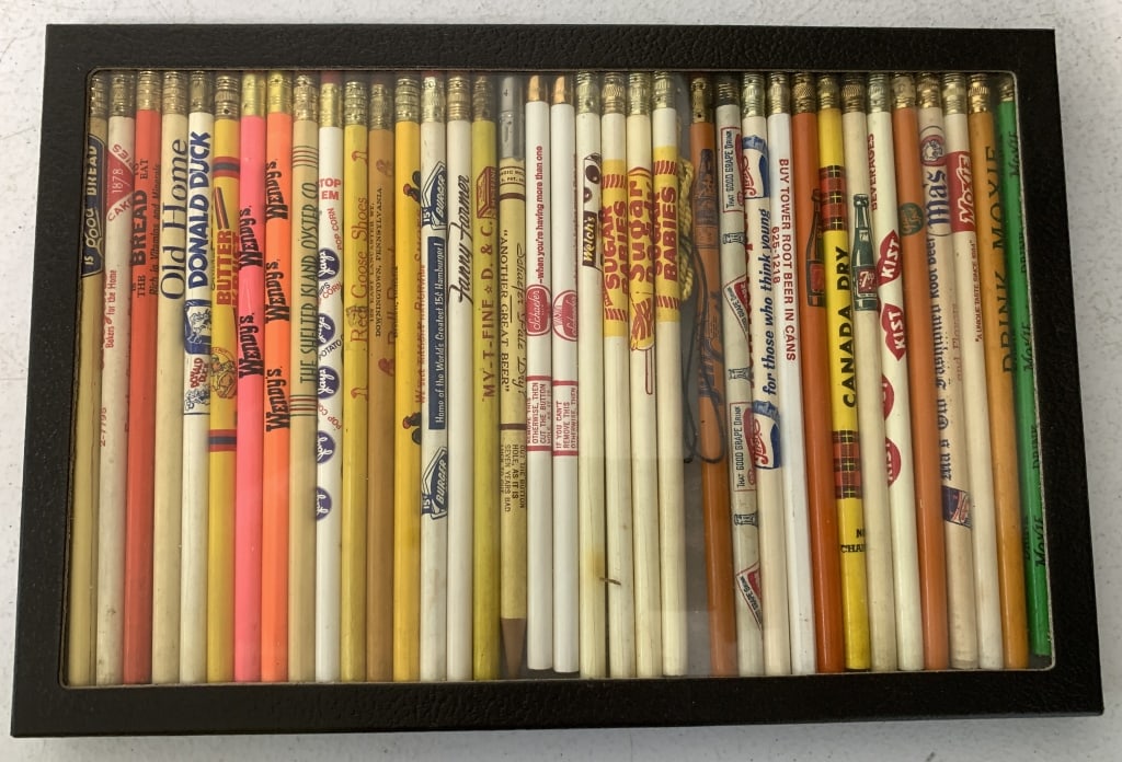Display box of 30+ Advertising Pencils: Moxie, Ma's, Wendy's, Sugar Daddy, Sugar Babbies, Donald Duck, Fanny Farmer, many others, most never sharpened