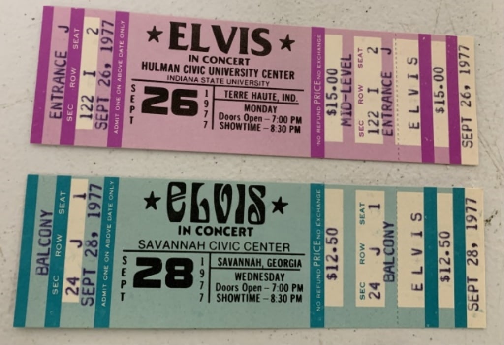 lot of 2 Unused Elvis 1977 Concert Tickets: for a concert that was supposed to held on Sept. 26, 1977, after his death