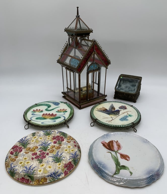 6 pcs- Porcelain Trivets, Glass Church Music Box: Enesco music box does not work and roof edges have some damage, plates stamped made in England & Germany, pin cushion has wear