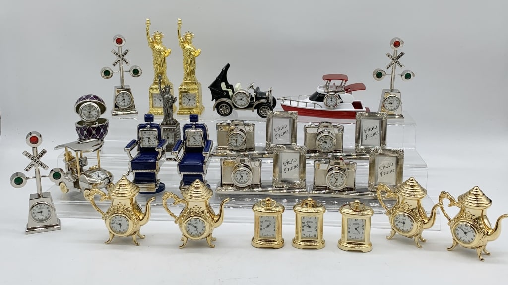 20+ Minature Contemporary Clocks: untested, marked JAS, Breeze Collection, tea kettles, Statue of Liberty, car, yacht, golf cart, others