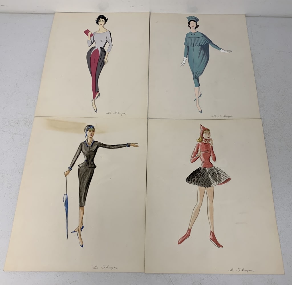lot of 4 B Thayer Fashion Drawings: each one is signed at the bottom, lady in gray outfit has a brown stain at the top of the drawing